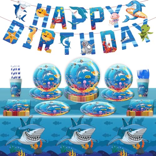 Dolphin Partygeschirr Set,71 Pcs Hai-Party-Set Meerestiermotiv Servietten Becher Geschirr Geburtstag Partydekorationen Unterwasser Partygeschenke Perfekt Für Geburtstagsfeiern Und Thematische Feiern von JWKLYZH