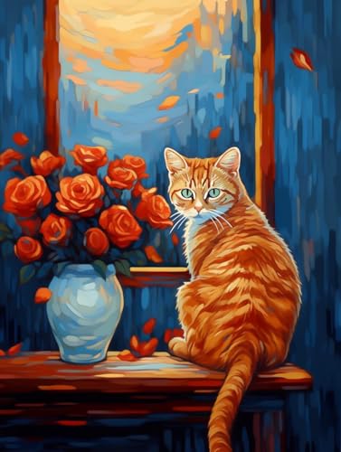 JWPSHIJIE 5D DIY Diamant Malerei Kits Vollbohrer, Fensterblumen und Katzen Leinwand Kreuzstich Stickerei Nach Zahlen Diamond Art Painting Zubehör für Erwachsene, Wohnkultur 40 * 50cm von JWPSHIJIE