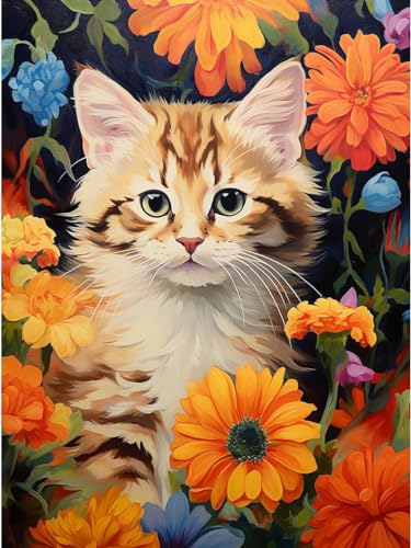 JWPSHIJIE 5D Diamant Kunst Handwerk Bild Kit, Katze in Blumen,K,50 * 70cm Leinwand Kreuzstich Stickerei Nach Zahlen Diamond Art Painting Zubehör für Erwachsene, Wohnkultur von JWPSHIJIE