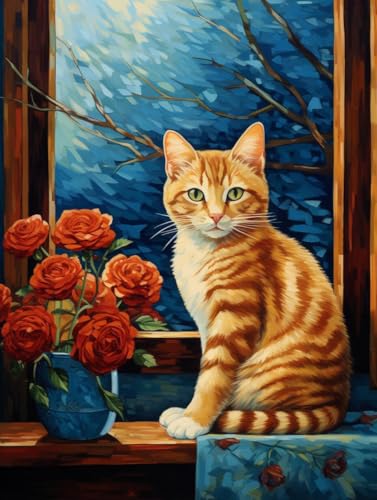 JWPSHIJIE 5D Diamond Painting Set für Erwachsene, Fensterblumen und Katzen Diamant Painting Bilder, DIY Malen nach Zahlen Diamant Anfänger Zubehör Kits für Home Deco 40 * 50cm von JWPSHIJIE