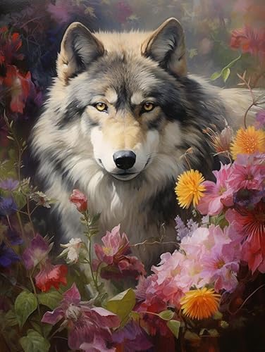 JWPSHIJIE DIY 5D Diamant Malerei Kit, Wolf unter Blumen,K,30 * 40cm Erwachsenen Kunst Volldiamant Diamant Malerei, Home Wanddekoration von JWPSHIJIE