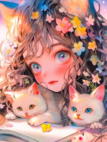 JWPSHIJIE Diamond Painting, Cartoon-Mädchen und Katze, K 30 * 40cm DIY 5d Diamant Painting Bilder, Diamant malerei Kits Malen nach Zahlen wohnzimmer bilder für die Inneneinrichtung von JWPSHIJIE