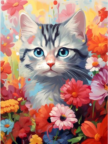 JWPSHIJIE Diamond Painting, Katze in Blumen,I,30 * 40cm DIY 5D Diamant Painting Bilder Erwachsene, Diamond Painting Set Erwachsene für Home Wand Décor von JWPSHIJIE