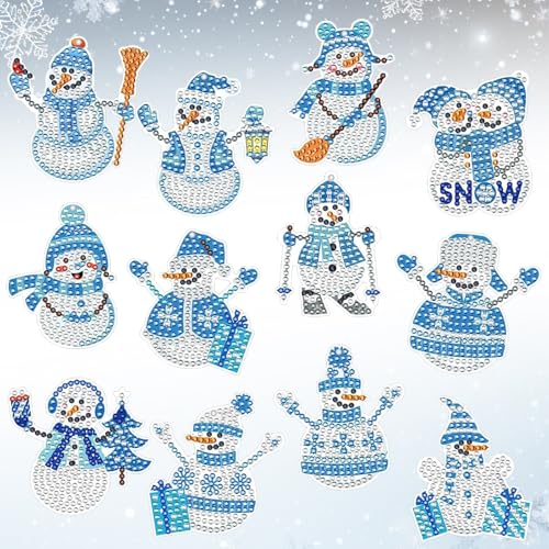 JWTRSVTY 12 PCS Schneemann Diamond Painting Anhänger, 5D Diamant Painting Bilder Schneemann Anhänger, Weihnachten Diamond Painting Schlüsselanhänger DIY Set,für Weihnachten Weihnachtsbaum DIY Deko von JWTRSVTY