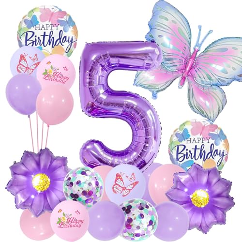 JWTRSVTY 20Pcs Schmetterling Geburtstag Party Ballon, 5 Jahre Zahl Folienballon, Schmetterling Blumen Ballon, Farbige Latex Ballons, Schmetterling Kinder Deko ballon, für Jungen Mädchen Themen Deko von JWTRSVTY