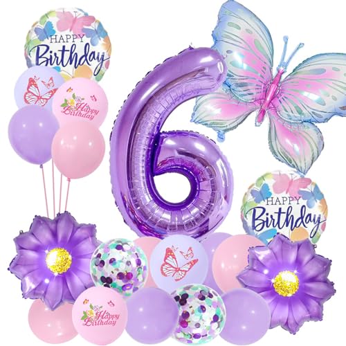 JWTRSVTY 20Pcs Schmetterling Geburtstag Party Ballon, 6 Jahre Zahl Folienballon, Schmetterling Blumen Ballon, Farbige Latex Ballons, Schmetterling Kinder Deko ballon, für Jungen Mädchen Themen Deko von JWTRSVTY