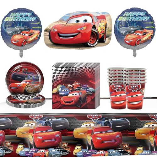 JWTRSVTY 44 Pcs Cars Party Geschirr, Cars Thema Geburtstag Geschirr Set, Cars Kinder Party Deko Geschirr, Cartoon Papier Geschirr, mit Tischdecken Pappbecher Servietten Papierteller Folienballon von JWTRSVTY