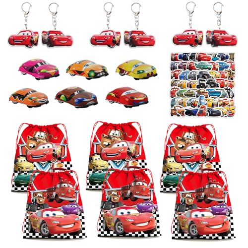 JWTRSVTY 68Pcs Cars Kindergeburtstag Geschenke, Cars Theme Party Geschenke, Rennauto Party Mitgebsel Set, Cars Turnbeutel Schlüsselanhänger Spielzeugauto Aufkleber, für Jungen Mädchen GastGeschenk von JWTRSVTY