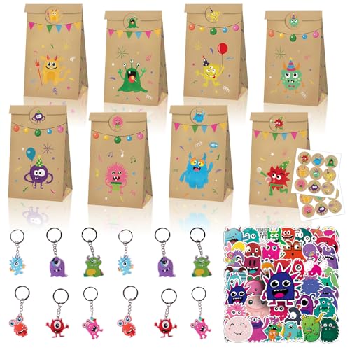 JWTRSVTY 74Pcs Monster Kindergeburtstag Geschenke, Monster Theme Party Geschenke, Monster Party Mitgebsel mit Kinder Monster Schlüsselanhänger Geschenktüten Aufkleber, für Jungen Mädchen GastGeschenk von JWTRSVTY