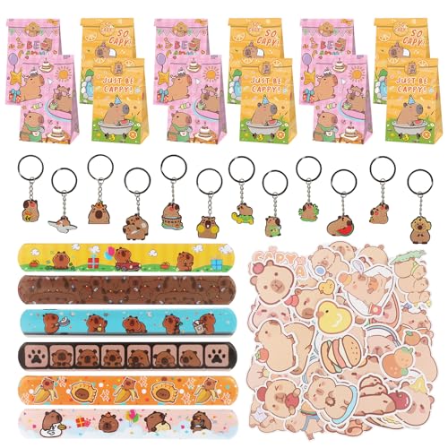 JWTRSVTY 86PCS Capybara Kinder Geburtstag Party Geschenke, Capybara Theme Party Mitgebsel, Capybara Cartoon Geburtstag Geschenk Set mit 12 Geschenktüten 12 Armband 12 Schlüsselanhänger 50 Sticker von JWTRSVTY