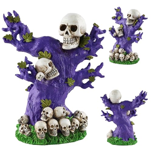 JWTRSVTY Halloween Dekorationen Totenkopf, Halloween Lila Baum mit Halloween Skelett Ornament Harz, Totenkopf Halloween Deko Baum Halloween Schädel Statue, für Innen Außen Halloween Home Deko von JWTRSVTY