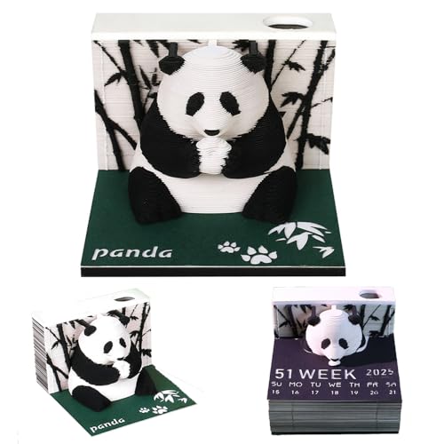 JXAXD Panda Kalender 2025 mit Stifthalter, 3D Kalender Abreißen 2025, 3D Notizblock Panda, 2025 Schreibtisch 3D Memo Pad Papier, Schnitzen Geschenk Desktop Dekoration für Halloween Weihnachten von JXAXD