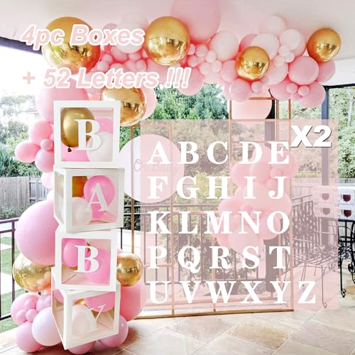 4 Stück weiße transparente Ballonboxen – DIY Geburtstag Party Boxen Dekorationen Kit mit A-Z Buchstaben Babyparty Dekorationen Box für Mädchen Junge für Themenparty Supplies von JXINLODGEG