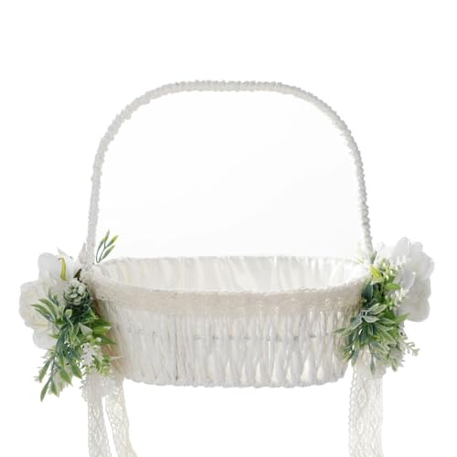 JYCRA 2 Stück Blumenmädchen-Korb, Handgefertigter Rattan-Korb mit Griff, Blumenmädchen-Körbe für Hochzeiten, Faltbarer Griff und Künstlicher Fleck, Blumenkorb für Hochzeitszeremonie, Party-Dekoration von JYCRA