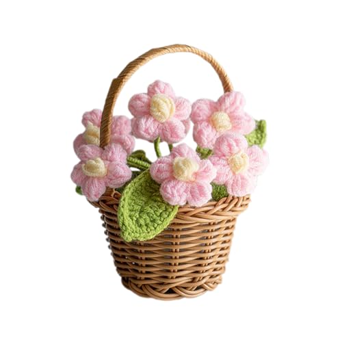 JYCRA Handgefertigter Gehäkelter Rosen-Gänseblümchen-Mischstraußkorb, Handgefertigte Häkelblumen, Kleine Gestrickte Schreibtischdekorationen Im Topf (A) von JYCRA