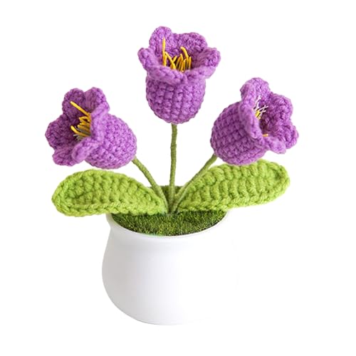 JYCRA Mini-Häkelblumen-Topfpflanze, Handgefertigt, Gestrickt, 3 Köpfe, Maiglöckchen, Künstlich Gewebt, Kleiner Topf mit Stielen, Topfblumen, Gestrickte Topfpflanzen, Innendekoration für Zuhause,(4) von JYCRA