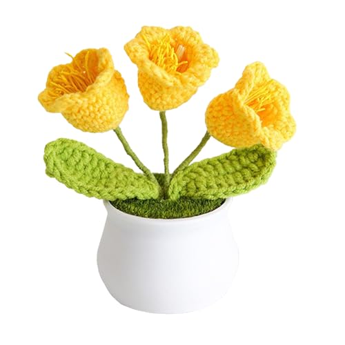 JYCRA Mini-Häkelblumen-Topfpflanze, Handgefertigt, Gestrickt, 3 Köpfe, Maiglöckchen, Künstlich Gewebt, Kleiner Topf mit Stielen, Topfblumen, Gestrickte Topfpflanzen, Innendekoration für Zuhause,(3) von JYCRA