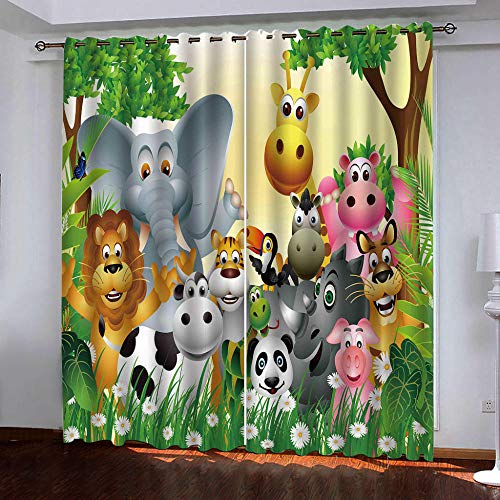 Vorhang Kinderzimmer Tiere Elefanten Löwen Kinder Vorhänge mit Ösen Polyester Gardinen Thermovorhang Blickdicht Ösenschal Kindergardinen für Wohnzimmer Schlafzimmer,2er Set,91.5x214cm (B x H),Farbe von JYNVOAT