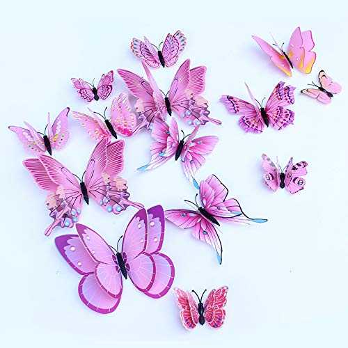 JYPHM 24 Stück 3D Schmetterlinge Deko Abnehmbare Dekoration Wandtattoo Butterfly Wandsticker Schmetterling Wandaufkleber Heimdeko Kinderzimmer Schlafzimmer Deko Rosa von JYPHM