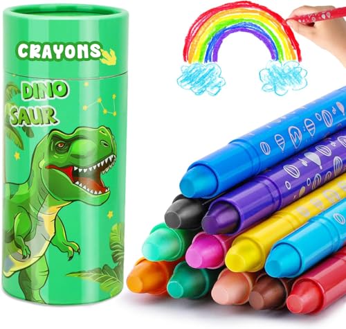 JYPS Wachsmalstifte für Kleinkinder, 12 Farben Drehbare Abwaschbare Buntstifte mit Dinosaurier Stifthalter, Ungiftige und Sichere Malen Malstifte, Kunst Set Weihnachten Geschenk für 3-7 Junge von JYPS