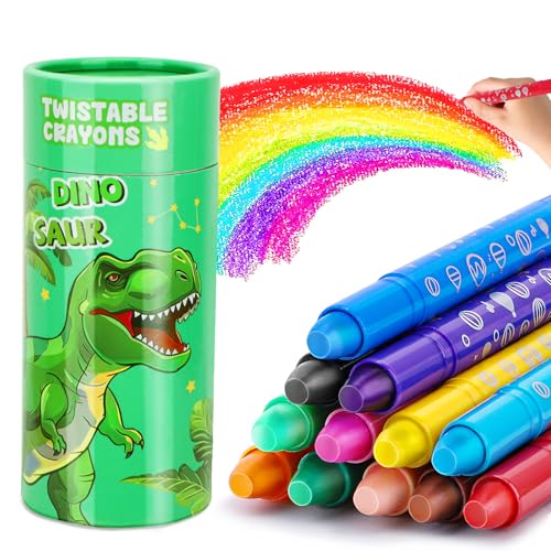 JYPS Wachsmalstifte für Kleinkinder, 12 Farben Drehbare Abwaschbare Buntstifte mit Dinosaurier Stifthalter, Ungiftige und Sichere Malen Malstifte, Kunst Set Weihnachten Geschenk für 3-7 Junge von JYPS