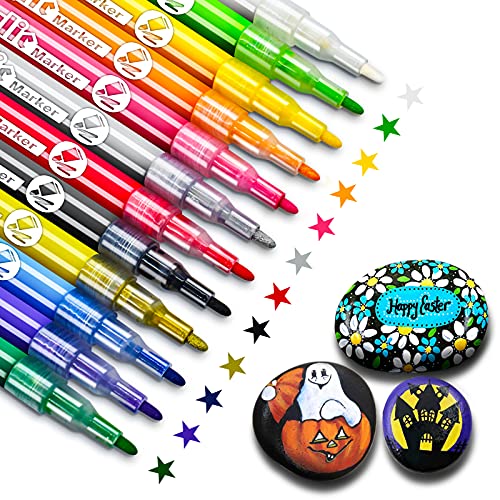 Acrylstifte Marker Stifte,12 Farbige Steine Bemalen Acrylstifte für Steine,Permanent Marker Stifte Acrylstifte Wasserfest, Kinder DIY Stift Art für Rock-Malerei, Keramik, Porzellan, Metall,Kunststoff von JYUYNY