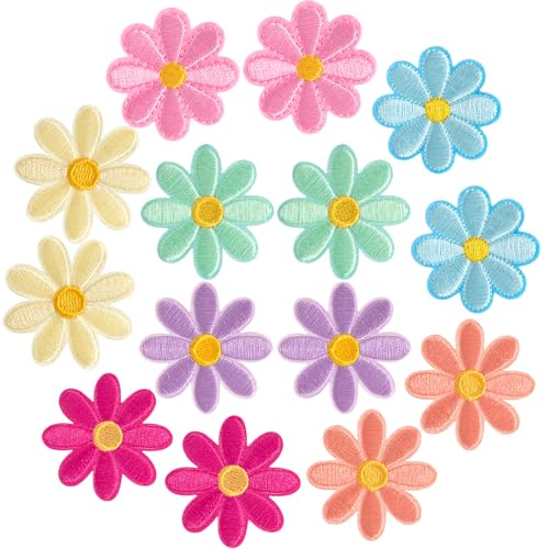 JYvivid 14 Stück Blumen-Aufnäher zum Aufbügeln, 7 Farben, Gänseblümchen-Applikation, bestickte Applikation zum Aufnähen für Kleidung, Taschen, Jacken, Jeans (4 cm) von JYvivid