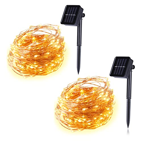 JZK 2 Stück 10 m solarbetriebene Kupferdraht-Lichterkette für den Außenbereich, warmweiß, wasserdicht, Solar-LED-Lichterkette, 100 LED-Solar-Lichterketten für Garten-Party-Dekorationen von JZK