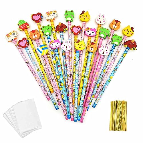 JZK 24x Holz-Graphitstift-Set mit Cartoon-Radiergummi für Kinder, Partygeschenke, Mitgebsel, Geburtstag, Weihnachten, Party für Jungen und Mädchen von JZK