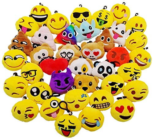 JZK 38 Stück Mini Plüsch Emoticon Schlüsselanhänger 5cm gelb kleiner Smiley Rucksack Schlüsselanhänger für Kinder Erwachsene Geburtstagsgeschenke Andenken Werbegeschenke Partytütenfüller von JZK