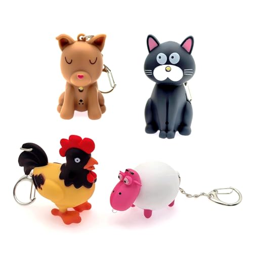 JZK 4 x Hahn Schaf Katze Hund Schlüsselanhänger LED Schlüsselanhänger Set Bauernhof Tier Spielzeug mit LED-Lichtern und Sound Thema Geburtstag Party Favors Gadget Kinder Party Tütenfüller Giveaways von JZK