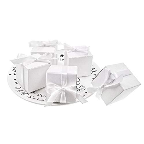 JZK 50 Leere weiße Hochzeitsbevorzugungskästen mit Bändern Papier Süßigkeiten Box für die Hochzeit Geburtstag Weihnachten Taufe Babydusche Kommunion Abschlussfeier von JZK