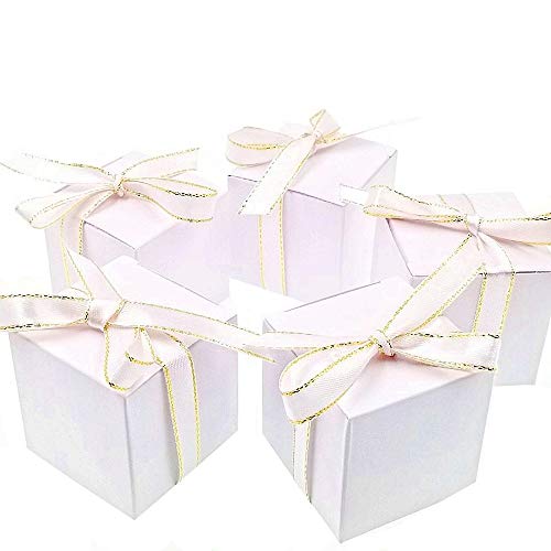 JZK 50 Leere weiße Hochzeitsbevorzugungskästen mit Filigran Bändern Papier Süßigkeiten Box für die Hochzeit Geburtstag Weihnachten Taufe Babydusche Kommunion Abschlussfeier von JZK