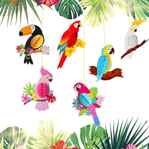 JZK 6 x tropische Vogel Wabenpapierausschnitte Papagei Wabenpapier Ausschnitte Silhouetten Party hängende Dekorationen für hawaiianische Luau Tiki Regenwald Thema Party Supplies von JZK