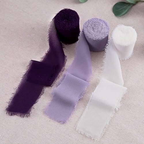 JZK Chiffonband mit rohem Rand, 5 m / Rolle, 4 cm breit, ausgefranste Chiffon-Geschenkbänder für Geschenke, Hochzeitseinladungen, Geschenkverpackungsband, Blumenstraußband, 3 Stück von JZK