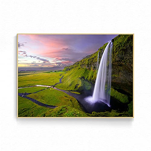 Grüne Berge Wasserfall Bild auf Leinwand, Natur Poster und Landschaftsdrucke, moderne Bilder, Panoramabild Druck auf Leinwand, abstrakte Kunst Malerei für die Dekoration, 80 x 120 cm (32 x 47 in) ohne von JZSDGB