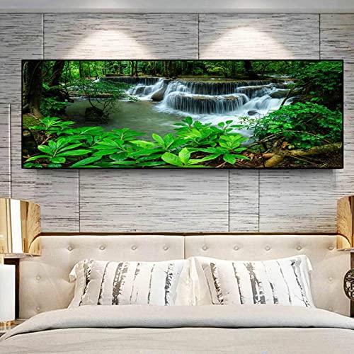 Grünes Blatt und Wasserfall Bild auf Leinwand, Natur, Poster und Landschaftsdrucke, moderne Bilder, Panoramabild, Druck auf Leinwand, abstrakte Kunst Malerei für die Dekoration 40 x 120 cm (16 x 47 von JZSDGB