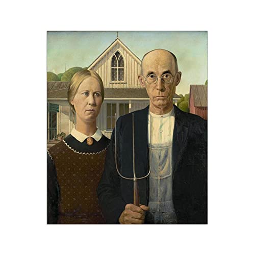 JZSDGB Leinwandbild–Grant Wood-Berühmte Gemälde Kunstdruck Bild auf Leinwand-Reproduktion von Ölgemälden-(Amerikanische Gotik) Wandbilder auf Leinwand für Wohnzimmer 90x108cm(35x43in) Rahmenlos von JZSDGB