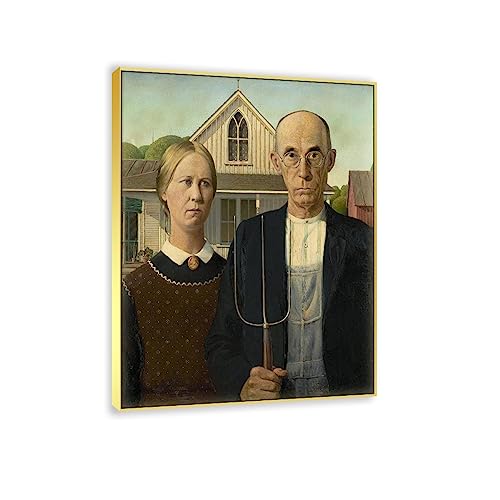 JZSDGB Leinwandbilder-Grant Wood(Amerikanische Gotik)-Ölgemälde auf Leinwand-Berühmte Kunstdrucke-Poster und Druck klassisch Leinwand Wandkunst Bilder 30x40cm(12x16in) Goldrahmen von JZSDGB