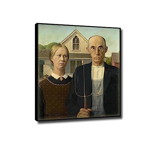 JZSDGB Leinwandbilder-Grant Wood(Amerikanische Gotik)-Ölgemälde auf Leinwand-Berühmte Kunstdrucke-Poster und Druck klassisch Leinwand Wandkunst Bilder 30x40cm(12x16in) Schwarzer Rahmen von JZSDGB