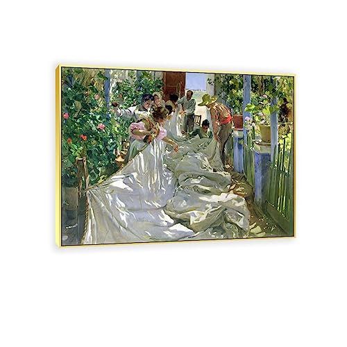 JZSDGB Leinwandbilder-Joaquín Sorolla(Das Segel reparieren, 1896)-Ölgemälde auf Leinwand-Berühmte Kunstdrucke-Poster und Druck klassisch Leinwand Wandkunst Bilder 90x115cm(35x45in) Goldrahmen von JZSDGB