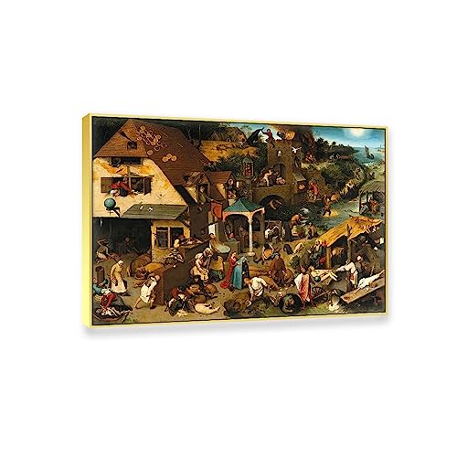 JZSDGB Leinwandbilder-Pieter Bruegel(Die niederländischen Sprichwörter)-Ölgemälde auf Leinwand-Berühmte Kunstdrucke-Poster und Druck klassisch Leinwand Wandkunst Bilder 50x70cm(20x28in) Goldrahmen von JZSDGB