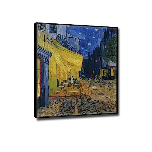 JZSDGB Leinwandbilder-Vincent van Gogh(Caféterrasse, 1888)-Ölgemälde auf Leinwand-Berühmte Kunstdrucke-Poster und Druck klassisch Leinwand Wandkunst Bilder 40x50cm(16x20in) Schwarzer Rahmen von JZSDGB