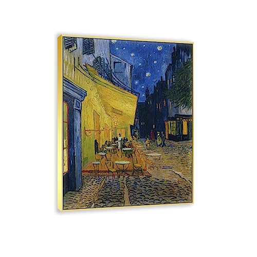 JZSDGB Leinwandbilder-Vincent van Gogh(Caféterrasse, 1888)-Ölgemälde auf Leinwand-Berühmte Kunstdrucke-Poster und Druck klassisch Leinwand Wandkunst Bilder 60x80cm(24x31in) Goldrahmen von JZSDGB