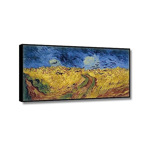 JZSDGB Leinwandbilder-Vincent van Gogh(Weizenfeld mit Krähen)-Ölgemälde auf Leinwand-Berühmte Kunstdrucke-Poster und Druck klassisch Leinwand Wandkunst Bilder 65x130cm(26x51in) Schwarzer Rahmen von JZSDGB