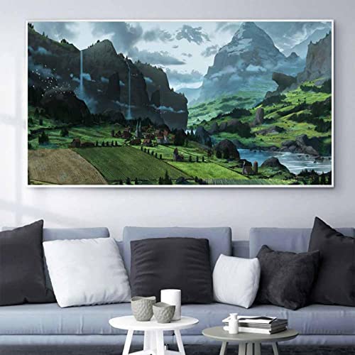 Ländlicher grüner Berg, Wasserfall, Bild auf Leinwand, Natur, Poster und Landschaftsdrucke, moderne Bilder, Panoramabild, Druck auf Leinwand, abstrakte Kunst Malerei für die Dekoration 70 x 140 cm (28 von JZSDGB