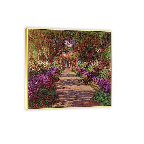 Leinwandbilder-Claude-Monet(Ein Weg in Monets Garten, Giverny, 1902)-Ölgemälde auf Leinwand-Berühmte Kunstdrucke-Poster und Druck klassisch Leinwand Wandkunst Bilder 70x70cm(28x28in)Goldrahmen von JZSDGB