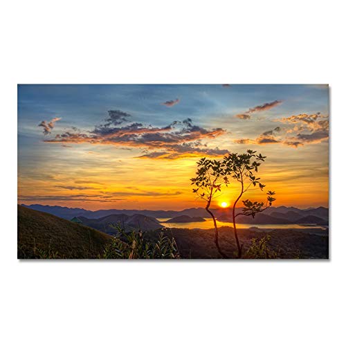 Moderner Sonnenuntergang-See-GebirgsbaumLandschafts Gemälde Druck Auf Leinwand Poster Und Drucke Panorama Kunstdruck Leinwand Wandkunst Bilder für Wohnzimmer Wohnkultur 30x60cm(12x24in)rahmenlos von JZSDGB