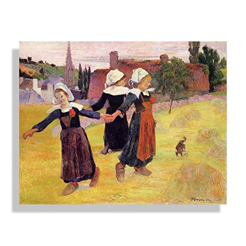 Rahmen-Druck auf Leinwand BerüHmte Gemälde Paul Gauguin„Bretonische Mädchen tanzen“Impressionistische Landschaft Ölgemälde auf Leinwand Poster und Drucke Wandbild 60x72cm(24x28in)Rahmene von JZSDGB