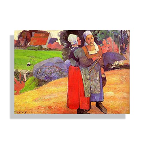 Rahmen-Druck auf Leinwand BerüHmte Gemälde Paul Gauguin'Paysannes bretones'Impressionistische Landschaft Ölgemälde auf Leinwand Poster und Drucke Wandbild 80x112cm(31x44in)Rahmene von JZSDGB